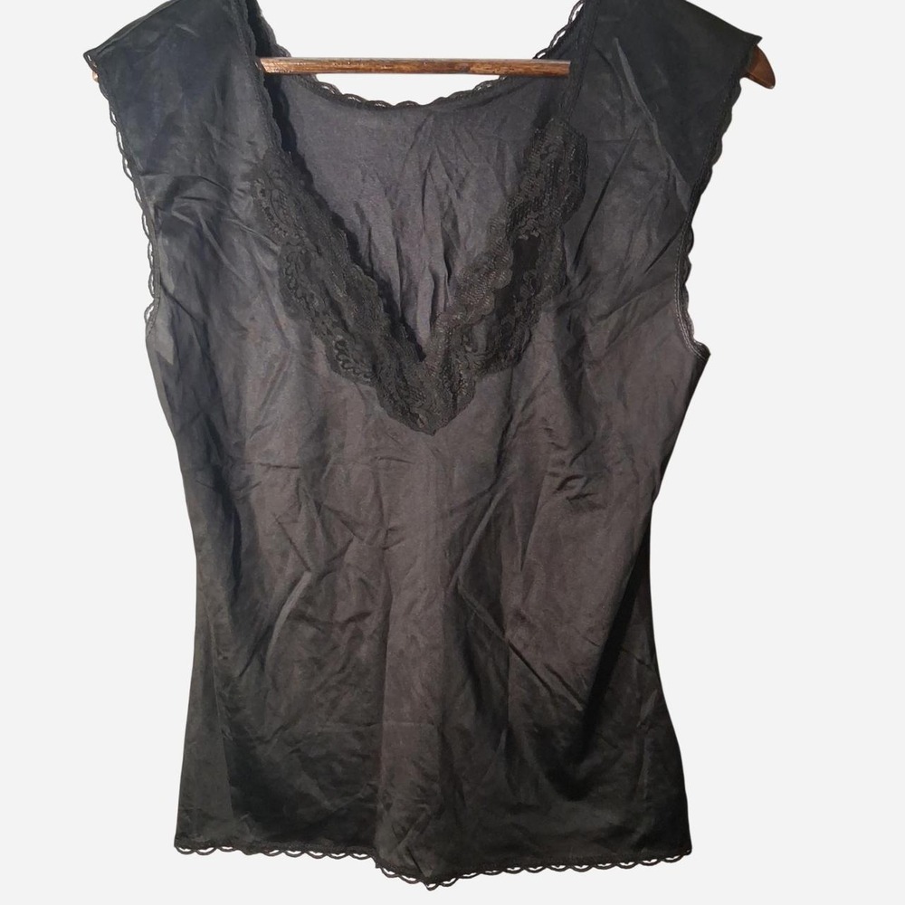 Womens Black lace trim slip blouse with scalloped hem and lace trim